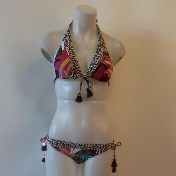 Womens Blue/Rod Beattie Multi Color Print 2pc Triangle Swim Bikini Sz 4* - Picture 2 of 4